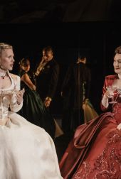 Hannah van der Westhuysen Cécile de Volanges and Lesley Manville Marquise de Merteuil in Liaisons Dangereuses at the National Theatre Photographer Sarah Lee LLD069 1